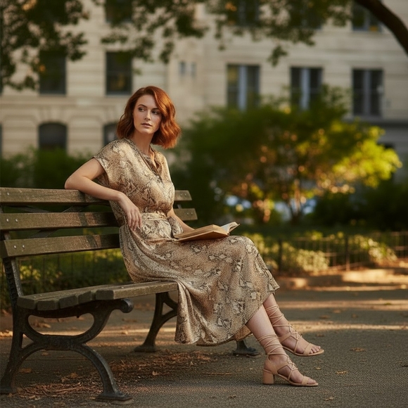 Banana Republic-Silk Women's Neutral Snake-Print Midi Dress -XL- EUC $128 Retail - Picture 10 of 10